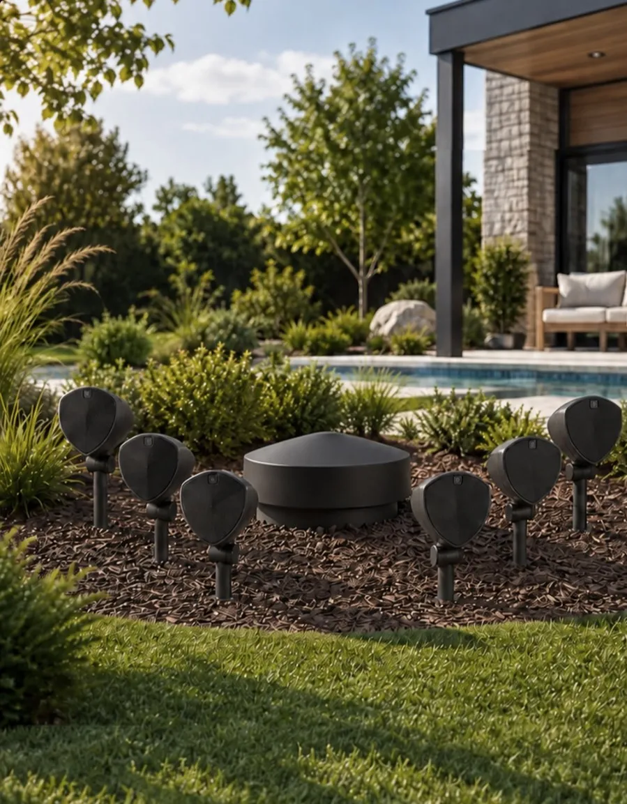 Six landscape speakers and a subwoofer cap in a garden bed beside a pool and covered patio